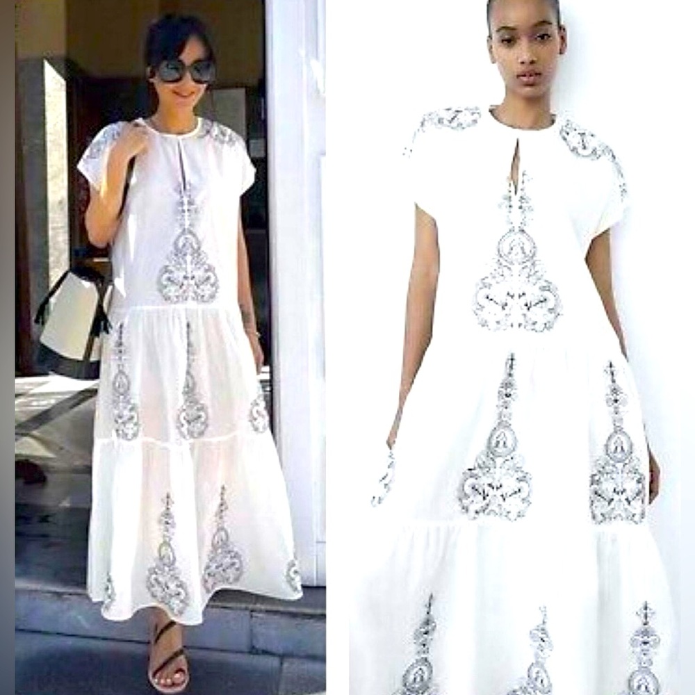 ZARA Contrast Embroidery Cotton Midi Dress White/Black